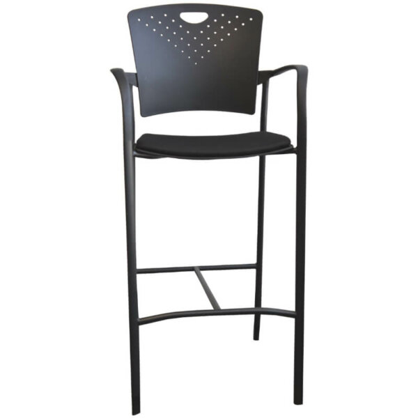 MaxX StaxX™ Stool with arms - Vinyl Seat Steel FrameFiber-reinforced molded polypropylene Black elliptical frame base Integrated handle Seat upholstered in a black commercial grade fabric Five year warranty