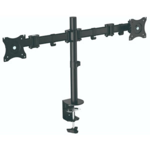 Horizon ActivErgo model AEB20. Clamp or Grommet mount (both included), Steel structure, powder coated black finish, Cable management clips, VESA standard brackets (75 and 100mm) for mounting monitors, Capacity - 8kg / 17.6 lbs per arm, Fits most monitors 13" - 27", Height, reach, angle, tilt and portrait/landscape adjustable
