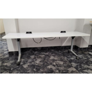 Steelcase - Coalesse Akira mobile flip top table 24" x 84" rectangular white laminate with silver base two sets of two pop-up power outlets