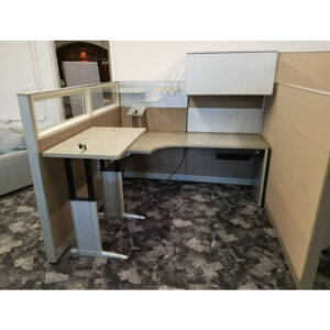 Steelcase Answer 6' x 6' workstation, glass upper panels, small crank height adjustable table, overhead binder bin