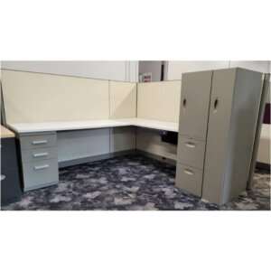 Steelcase Answer 84" x 89" workstation with white laminate surfaces, off white fabric panels, light grey trim, box,box,file pedestal with combination storage tower, under surface pencil tray and file storage