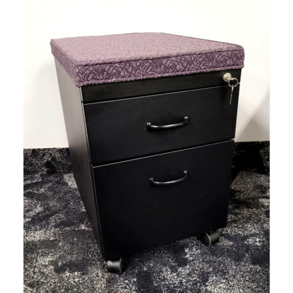 Steelcase black mobile box, file pedestal with purple 1" thick cushion