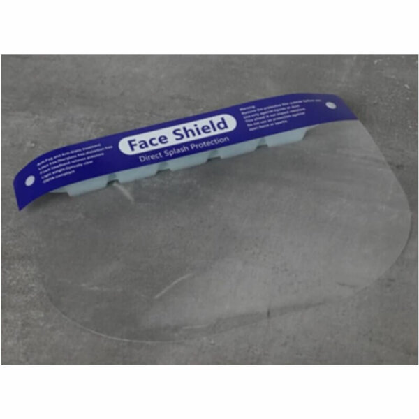 Protective Face Shield (5 pack) Material: PET Dimensions: .25mm thickness, 36cm wide x 22 cm high Splash-guard Recyclable material Comfortable foam headband Elastic band to adjust for comfort
