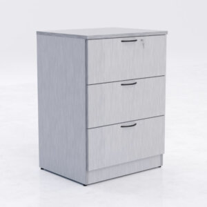 IOF Three Drawer Lateral File Cabinet 1” thick laminate available on all units in multiple finishes Locking storage Solid matching back  Leveling glides