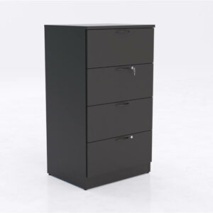 IOF Four Drawer Lateral File Cabinet 1” thick laminate available on all units in multiple finishes Locking storage Solid matching back  Leveling glides