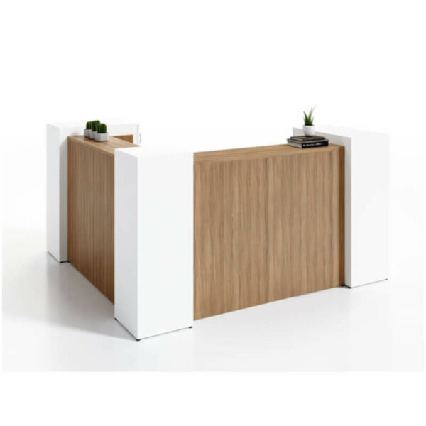 Intelligent Office Furniture Custom Reception W-19-R, Overall 87" x 84", 24" deep surfaces, Pictured in Nutmeg/White laminate, File, file pedestal, Wardrobe storage cabinet
