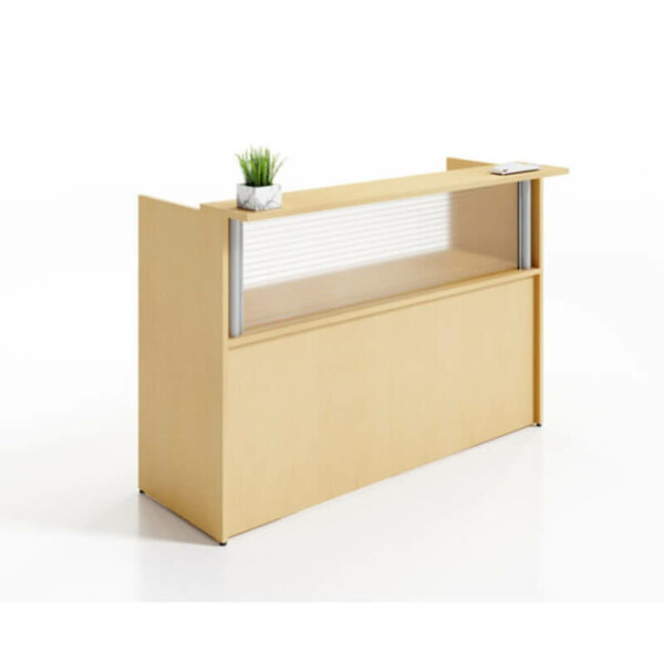 Intelligent Office Furniture Custom Reception Typical W-31-R, Overall 72" x 30", 24" deep surfaces with 12" transaction counter, Pictured in Hard Rock Maple laminate, File, file pedestal, Box, box, file pedestal, 18" glazed panel