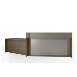 Intelligent Office Furniture Custom Reception Typical W-31-R, Overall 72" x 30", 24" deep surfaces with 12" transaction counter, Pictured in Hard Rock Maple laminate, File, file pedestal, Box, box, file pedestal, 18" glazed panel