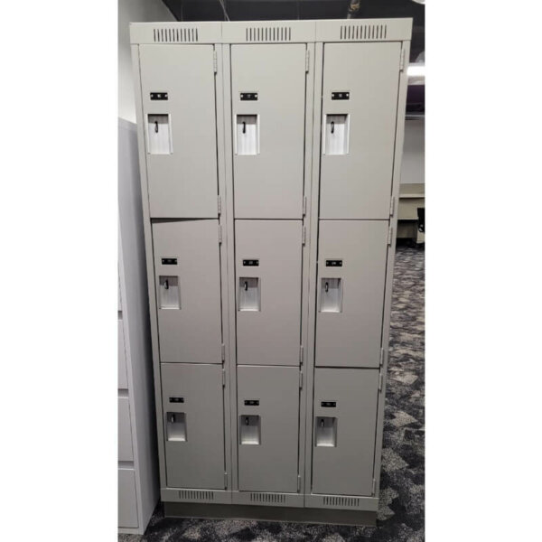 Three Tier Bank of Lockers, Excellent pre-owned condition 36"w x 15"d x 76"h, Grey/silver Recessed handles ventilation two hooks per locker