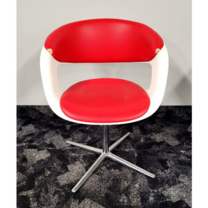 Steelcase Coalesse Lox side chair - white shell with red vinyl seat and back, stationary polished aluminum 4-spoke swivel base