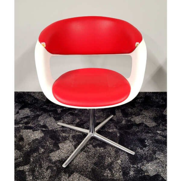 Steelcase Coalesse Lox side chair - white shell with red vinyl seat and back, stationary polished aluminum 4-spoke swivel base