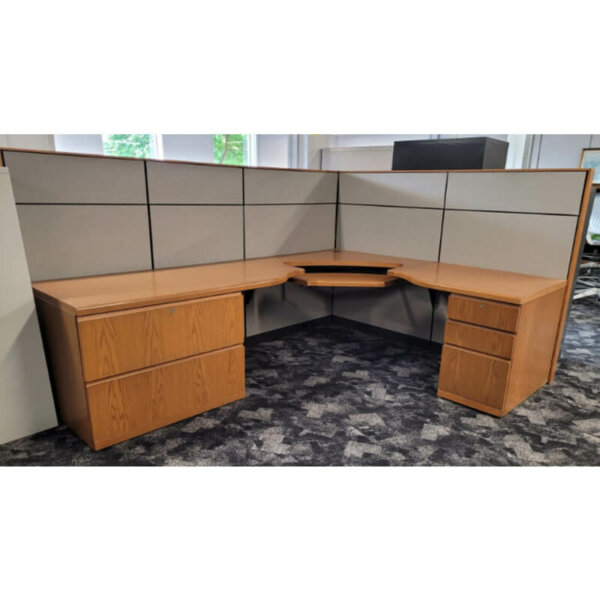 Steelcase Montage 78" x 102" workstation, wood veneer with medium oak finish, 2 drawer lateral file and box, box, file pedestal