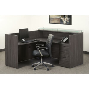 OSP Napa L-shape reception counter slate grey laminate with glass transaction counter box,box,file drawer included