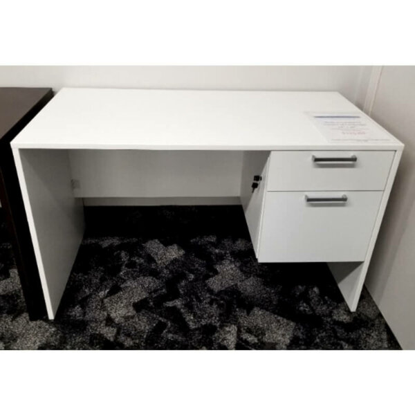Natalex white student desk with locking box, file drawer on right. 1/2 inch think laminate, 3/4 modesty panel