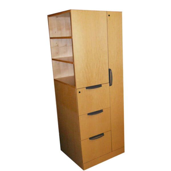 Knoll combination storage tower in maple with file, file, file drawers, open shelves and garment hanging area