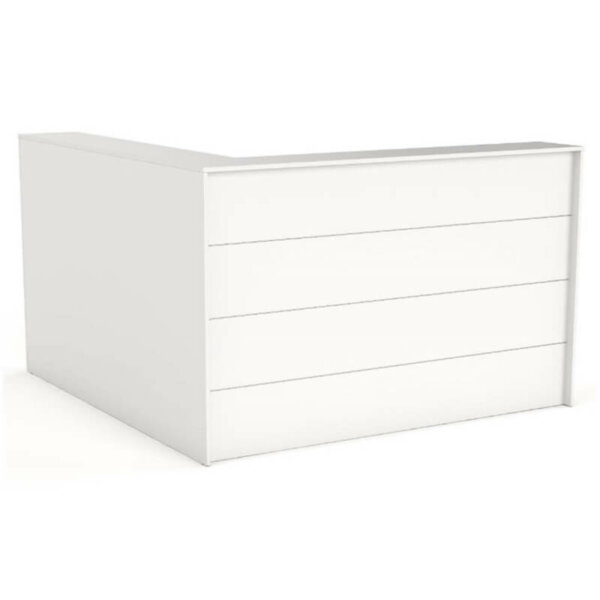 Reception Front - Corner Axis with Studio White melamine, Chrome beading detail on front, 0.75″ flush-joined construction