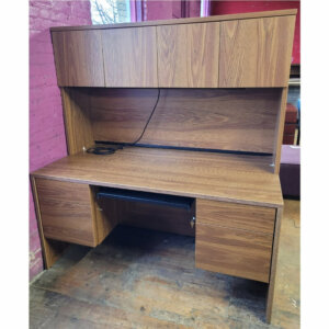 Laminate Double Pedestal Desk with Hutch 60"w x 30"d x 65"h 20.75" clearance under hutch **note holes drilled in end of hutch pull out keyboard tray two box, file pedestals task light