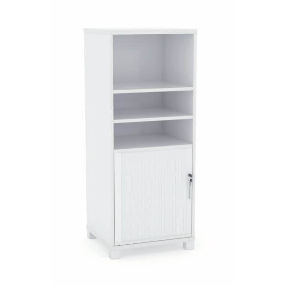Workspace48 Axis Tower Bookcase with cabinet Overall: 49”h x 20”w x 18”d Studio White with Arctic White steel feet cabinet door Height-adjustable shelves
