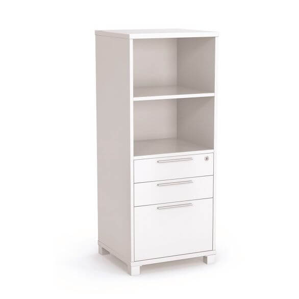 Workspace48 Axis Tower Bookcase with Drawers Overall: 49”h x 20”w x 18”d Studio White with Arctic White steel feet Three drawers Height-adjustable shelves