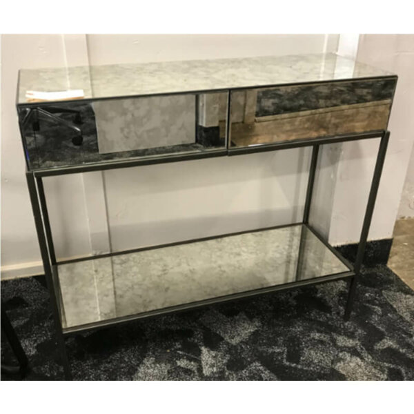 Antique glass reception table with two front drawers, bottom shelf, small damage to left side glass