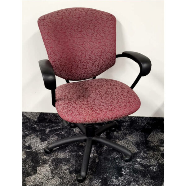 Global Supra Task Chair, black frame with foxed loop arms, original burgundy/silver patterned seat