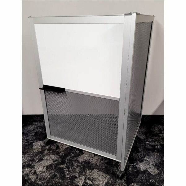 grey L-shape mobile barrier with white board