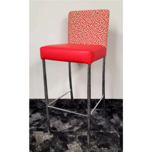 Steelcase - Coalesse Switch Stool Polished aluminum 4-leg armless stool. Upholstered red vinyl seat with red/white fabric geometric patterned back