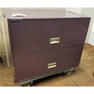 Schwab 5000 Fire Proof Two Drawer Lateral Dimensions: 37"w x 21"d x 28"h Colour: Purple  ** Can be re-painted to preferred colour **  UL Classified fire endurance 1-hour at 1700° F Plunger key lock secures all drawers Drawer layout flexibility accommodates legal and letter-size hanging file folders Lined interior conceals cabinet insulation and protects contents from unwanted dust Rugged suspension system design ensures smooth and easy drawer movement -- even when fully loaded