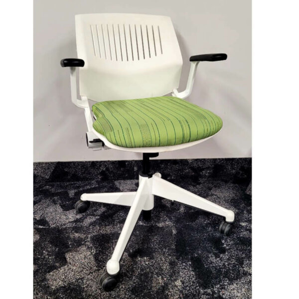 Steelcase Vecta, white frame with green/black patterned seat, black armcaps