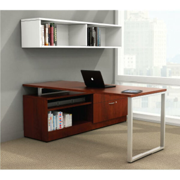 Intelligent Office Furniture IOF "L" Shape Desk Typical B2016-12 Overall Size: 72"w x 72"d Main Desk: 72"w x 30"d x 29"h Low Credenza: 72"w x 20"d x 23"h Wall-Mounted Hutch: 72"w x 15"d x 15"h Pictured in Shiraz Chery & White / Silver Flat Loop Pulls Modern open O-leg desk Wall-mounted overhead open shelf hutch Custom return credenza with a wide box, file drawer and bookcase
