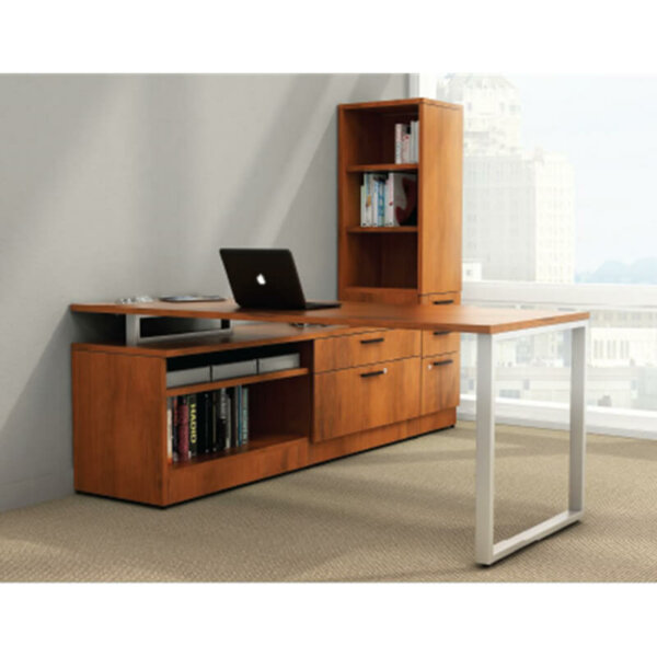 Intelligent Office Furniture "L" Shape Desk Typical B2016-15 Overall Size: 72"w x 88"d x 72"h Main Desk: 72"w x 30"d x 29"h Custom Credenza: 72"w x 20"d x 23"h Storage Tower: 16"w x 20"d x 72"h Pictured in Summerflame / Black Rail Pulls Custom credenza with a wide box drawer and locking lateral file drawer and bookcase Modern O-leg desk with a frosted acrylic modesty panel Storage tower with box, box, file and bookcase