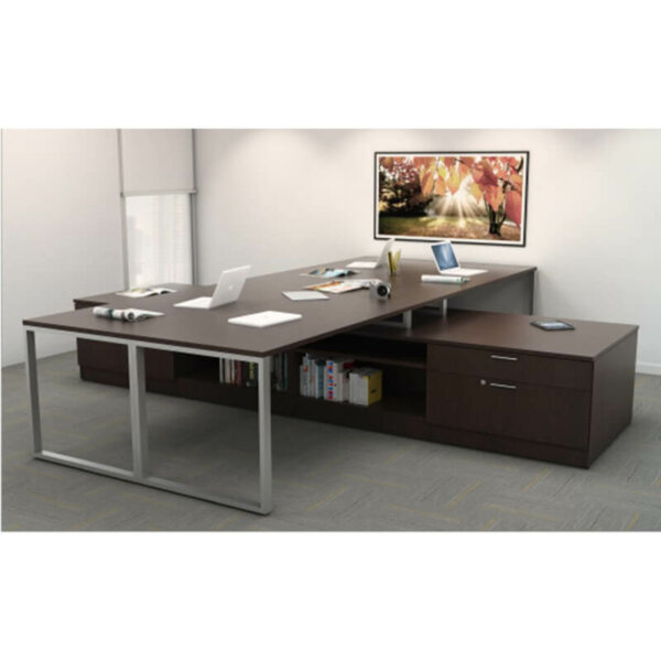 Intelligent Office Furniture Quad Workstation Typical B2016-17 Overall Size: 12'w x 12'd x 29"h Desk Size: 72"w x 24"d x 29"h Credenza Return: 72"w x 20"d x 23"h Pictured Chocolate Pear / Nickel Bar Pulls Modern open O-leg desks Low credenza with wide box, file drawer and bookcase