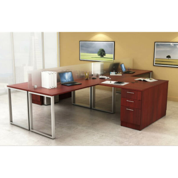 Intelligent Office Furniture Quad Workstation Typical B2016-18 Overall Size: 12'w x 6' 6"d x 29"h Desk Size: 72"w x 30"d x 29"h with 48"w x 24"d x 29"h return Pictured Shiraz Cherry / Nickel Bar Pulls Modern open O-leg desks Return with box, box, file drawer Power grommet module with three outlets, two RJ45/RJ11, 120" power cord
