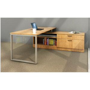 Intelligent Office Furniture "L" Shape Desk Typical B2016-2, Overall Size: 72"w x 72"d x 29"h Pictured in Candlelight / Black Straight Pulls Custom credenza with a wide box drawer and locking lateral file drawer and bookcase Modern O-leg desk with a frosted acrylic modesty panel