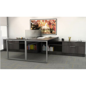 Intelligent Office Furniture Double Workstation Typical B2016-20 Overall Size: 10'w x 6'd x 29"/23"h Desk Size: 72"w x 30"d x 29"h Credenza Return: 72"w x 20"d x 23"h Pictured Graphite Wood / Nickel Rail Pulls Modern open O-leg desks Low credenza with wide box, file drawer and bookcase Acrylic privacy barrier