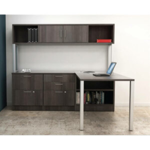 Intelligent Office Furniture IOF "L" Shape Desk Typical B2016-22 Overall Size: 72"w x 72"d x 72"h Main Desk: 72"w x 24"d x 29"h Custom Credenza with Overhead Hutch: 72"w x 24"d x 72"h Pictured in Graphite Wood / Nickel Bar Pulls Modern open leg desk Overhead hutch with open shelf and cupboard Custom return credenza with three locking file drawers, two box drawers and bookcase