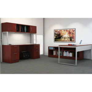 Intelligent Office Furniture "L" Shape Desk Typical B2016-24 Overall Size: 72"w x 72"d x 29"/23"h Main Desk: 72"w x 30"d x 29"h with 72"w x 20"d x 23"h low credenza return Custom Credenza with Hutch: 72"w x 24"d x 72"h Pictured in Shiraz Cherry / Nickel Bar Pulls Modern O-leg desk with a frosted acrylic modesty panel Low credenza with open shelves Kneespace credenza with file, file and box, box, file pedestals Overhead hutch with open shelving, cupboard doors and task light