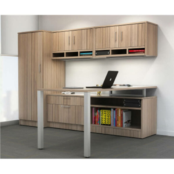 Intelligent Office Furniture "L" Shape Desk Typical B2016-3, Overall Size: 60"w x 96"d x 72"h Pictured in Nutmeg / Nickel Bar Pulls Modern open leg desk Wall-mounted overhead hutch with paper organizer, cupboard doors and two 24" task lights Locking wardrobe with garment rod and shelf Custom credenza with a wide box drawer and locking lateral file drawer and bookcase