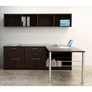 Intelligent Office Furniture "L" Shape Desk Typical B2016-4, Overall Size: 72"w x 72"d x 29"h Pictured in Chocolate Pear / Nickel Bar Pulls Modern H-leg desk Wall-mounted overhead open shelf hutch Custom return credenza with a wide box, box drawer and three locking file drawers and bookcase