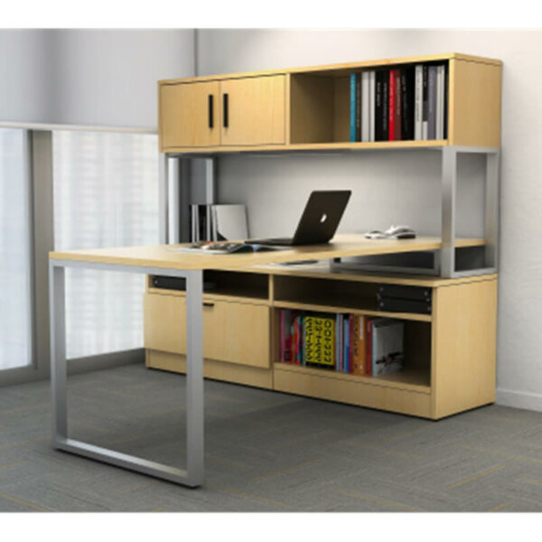 Intelligent Office Furniture "L" Shape Desk Typical B2016-5, Overall Size: 72"w x 72"d x 66"h Pictured in Natural Maple / Black Rail Pull Modern open O-leg desk Overhead hutch with open shelf and cupboard Custom return credenza with locking lateral file drawer and bookcase 24" Task light