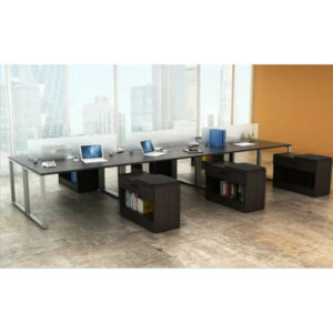Intelligent Office Furniture Workstation Six Desk Typical B2016-6, Overall Size: 18'w x 5'd x 29"h Desk Size: 72"w x 30"d x 29"h Custom Credenza: 36"w x 21"d Pictured in Tuxedo / Black Rail Pulls Six Modern open O-leg desks Six custom return credenza with wide box drawer and bookcase Three 12"h frosted acrylic privacy barriers Six power modules with 2 outlets, one RJ45, one RJ11 and 120" power cord