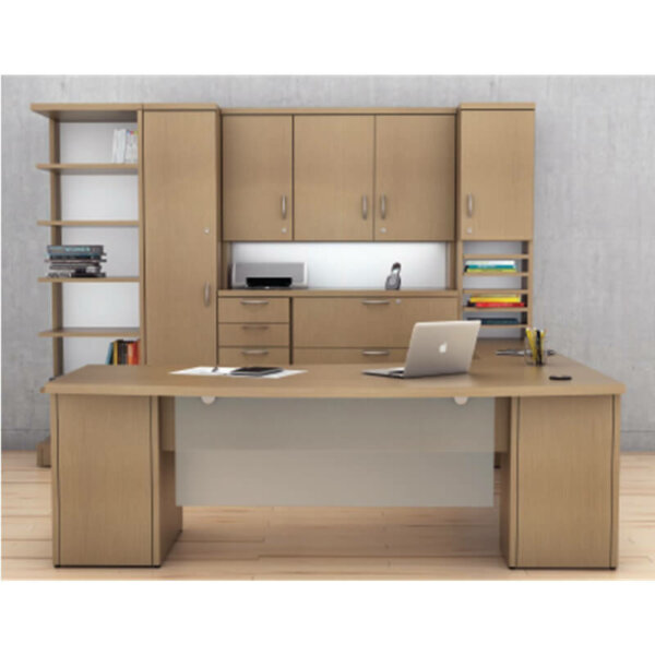 Intelligent Office Furniture "U" Shape Desk Typical B2016-61, Overall Size: 92"w x 108"d x 84"w Pictured in Ash laminate, Open corner bookcase Wardrobe storage Custom credenza with locking cupboards and paper organizer Modern bow front desk with a frosted acrylic accent panel 
