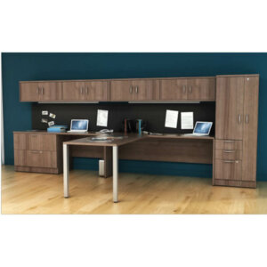 Intelligent Office Furniture Double Workstation Typical B2016-7 Overall Size: 14'w x 5'd x 6'h Desk Size: 72"w x 24"d x 29"h Open Leg Return: 60"w x 30"d x 29"h Pictured with Silver Straight Pulls - Laminate colour is now discontinued Modern open leg return Custom return credenza with two-drawer lateral file cabinet Combination storage wardrobe - storage cupboard with box, box, file drawers Overhead hutch with cupboard doors Two 24" under-mount task lights Two 72"w x 20"h tack boards