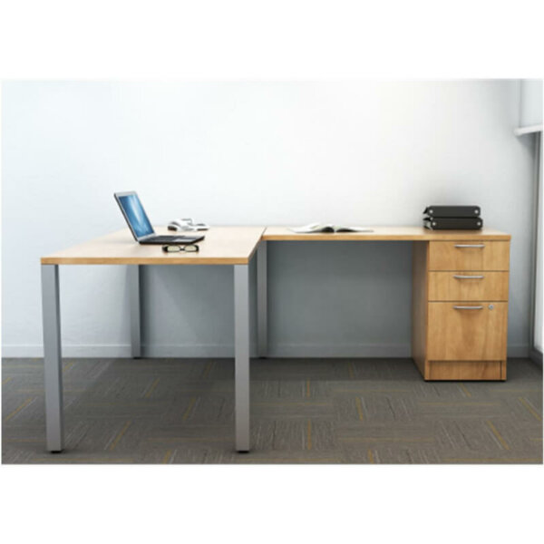 Intelligent Office Furniture "L" Shape Desk Typical B2016-9 Overall Size: 72"w x 78"d x 29"h Desk: 72"w x 30"d x 29"h with 48"w x 24"d Return  Pictured in Candlelight / Silver Straight Pulls Modern open leg desk Box, box, file pedestal