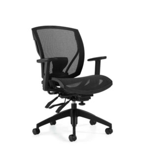 Ibex Upholstered Seat & Mesh Back Synchro-Tilter 26"W x 26.5"D x 39.5"H Seat Height: 16.5" - 20.5" Multi-tilter mechanism Air-flow mesh seat and back Infinite position tilt lock and tilt tension adjustment Independent back & seat angle adjustment Forward seat angle adjustment Height adjustable arms with durable self-skinned urethane armcaps Waterfall seat front provides leg comfort and support Height adjustable lumbar support Ergonomic seat and back design Dual wheel carpet casters Pneumatic seat height adjustment