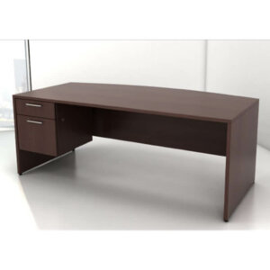 Intelligent Office Furniture IOF Bow Front Desk Typical B2013-DS002 Overall Size: 72"w x 30"/36"d x 29"h Pictured in Chocolate Pear / Silver Straight Bow front with recessed modesty 3/4 panel Single box, file pedestal