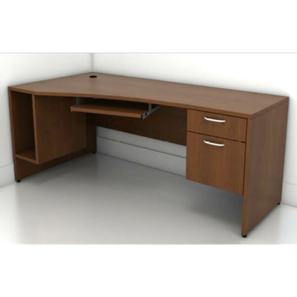 Intelligent Office Furniture CPU Desk Typical B2013-DS004 Overall Size: 72"w x 24"/36"d x 29"h Pictured in Brunito Cherry / Silver Flat Loop 3/4 modesty panel Single box, file hanging pedestal CPU shelf Single grommet above CPU shelf keyboard drawer