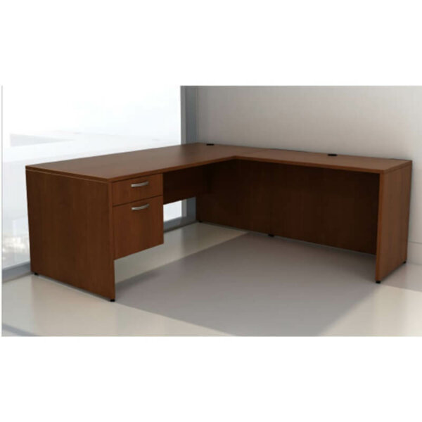 Intelligent Office Furniture "L" Shape Desk Typical B2013-DS008 Overall Size: 72"w x 66"d x 29"h  Desk: 72"w x 30"d x 29"h with 36"w x 24"d x 29"h return Pictured in Dark Rum / Silver Flat Loop Recessed 3/4 modesty panel Single box, file hanging pedestal