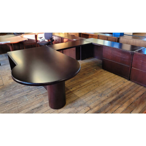 Kimball "U" Shape Desk 72"w x 112"d Overall Size: 72"w x 112"d x 72"w x 29"h Mahogany with recessed pulls Large conference peninsula Two-drawer lateral file - legal or letter