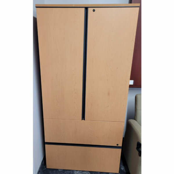 Laminate Combination 2 Drawer Lateral File and Cabinet Dimensions: 36"w x 24"d x 72"h  Maple laminate with black recessed handles  Two lateral file drawers - letter or legal - locking Locking upper storage cabinet with two height-adjustable shelves Leveling glides